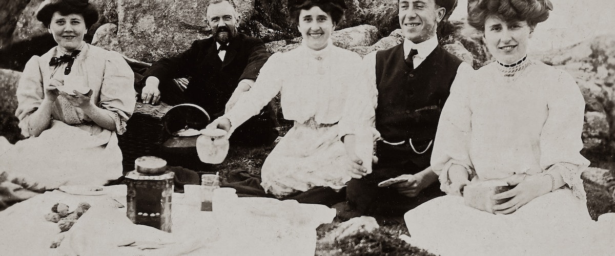 Victorian era picture of 3 couples on a picnic
